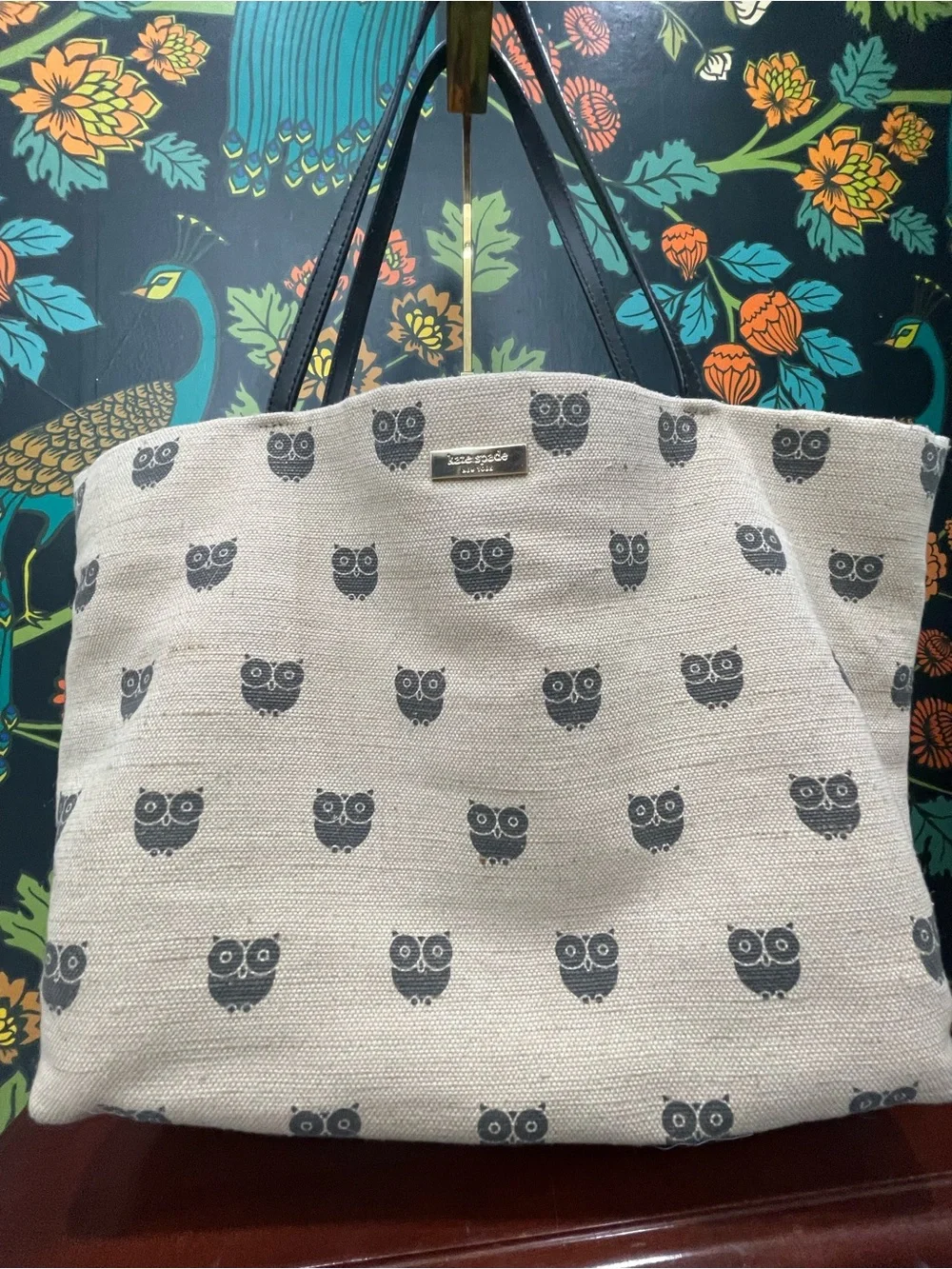 Kate Spade New York Owl Print Canvas Tote Bag Black Leather Trim